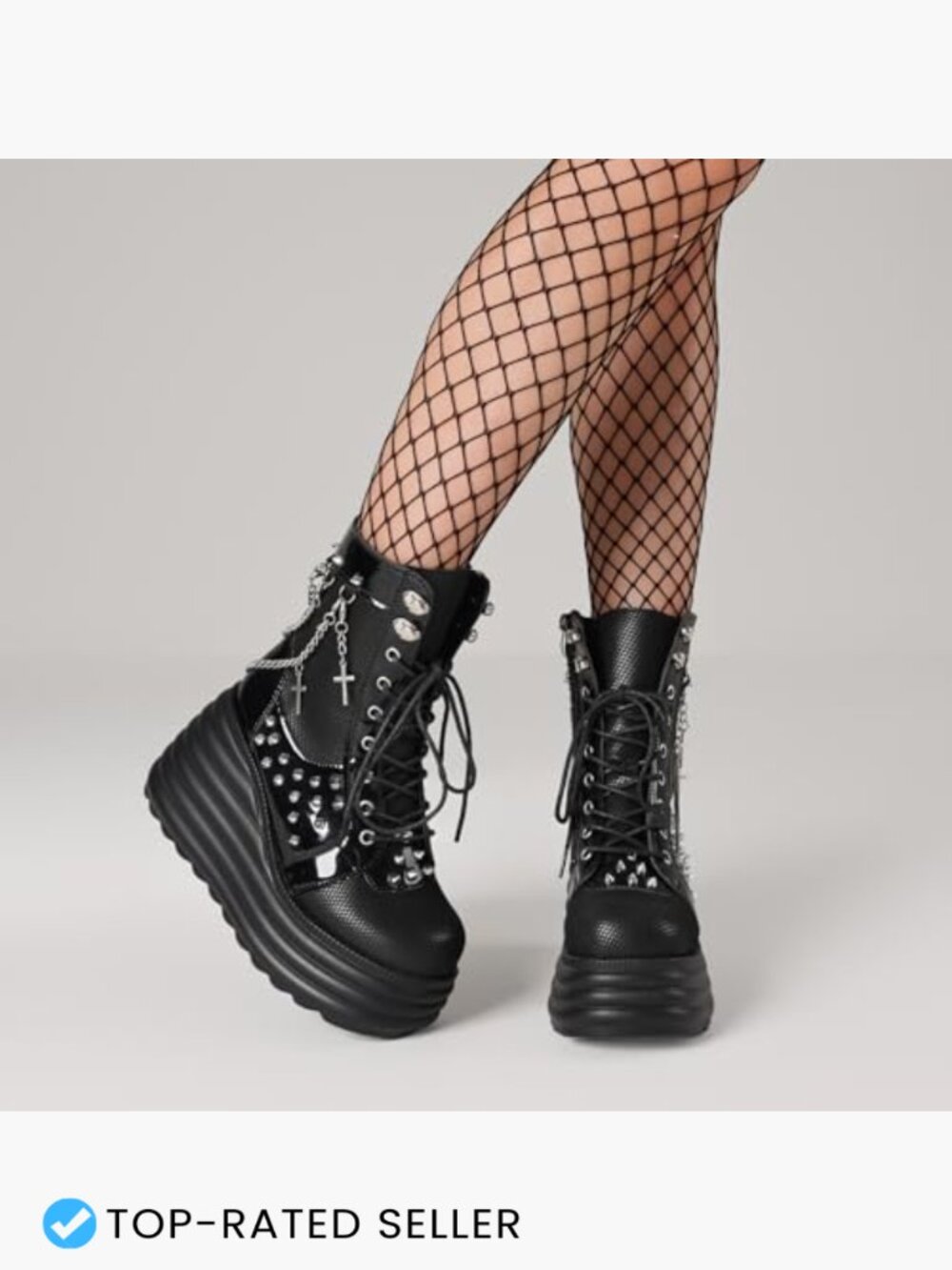 Gothic Ankle Boots Platform Combat Boots Punk Chains Studs Lace Up Wedge - Picture 2 of 7